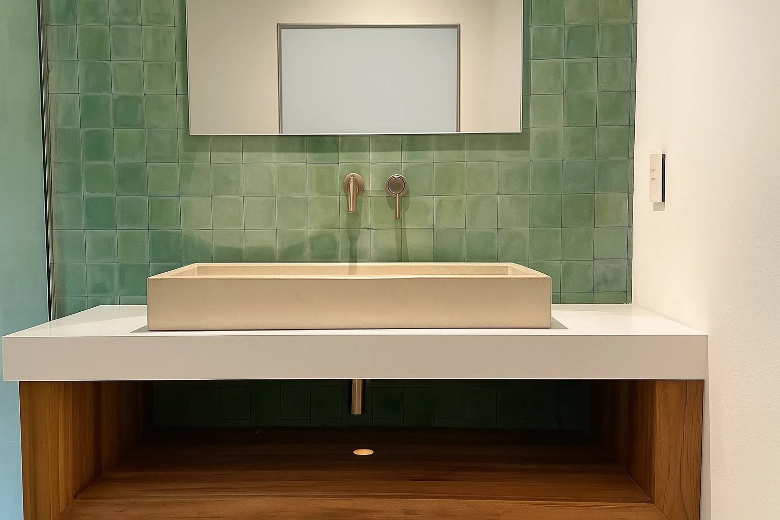 Lavatorio de sobreponer rectangular de concreto color arena sobre encimera blanca con mueble de madera y pared de azulejos verdes