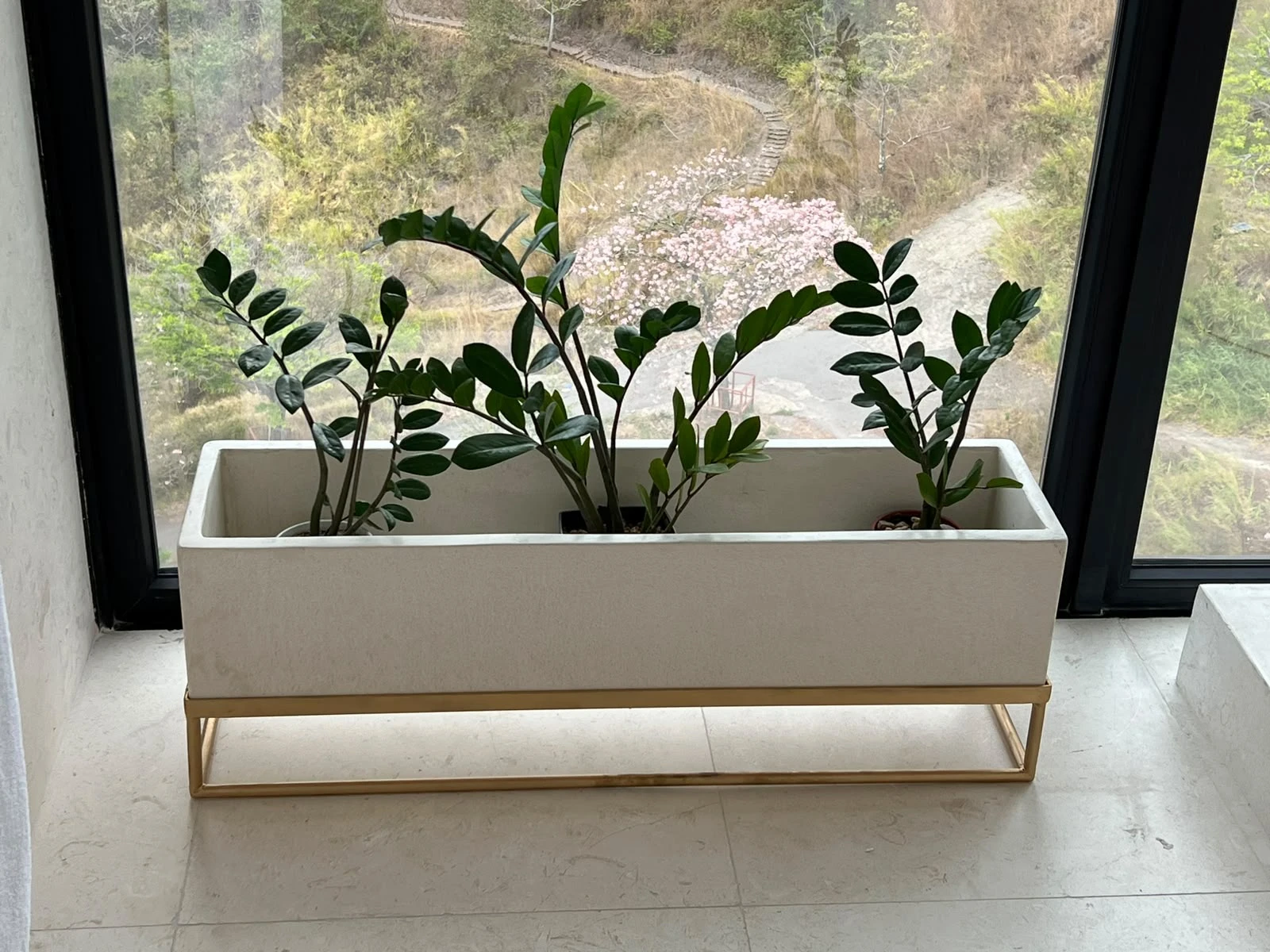 Jardinera rectangular de concreto blanco sobre base de metal dorado, con plantas, junto a un ventanal con vista al paisaje