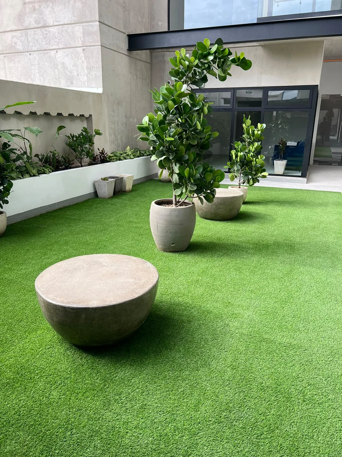 Banco bajo en forma de media esfera de concreto gris, sobre césped sintético entre plantas en maceteros
