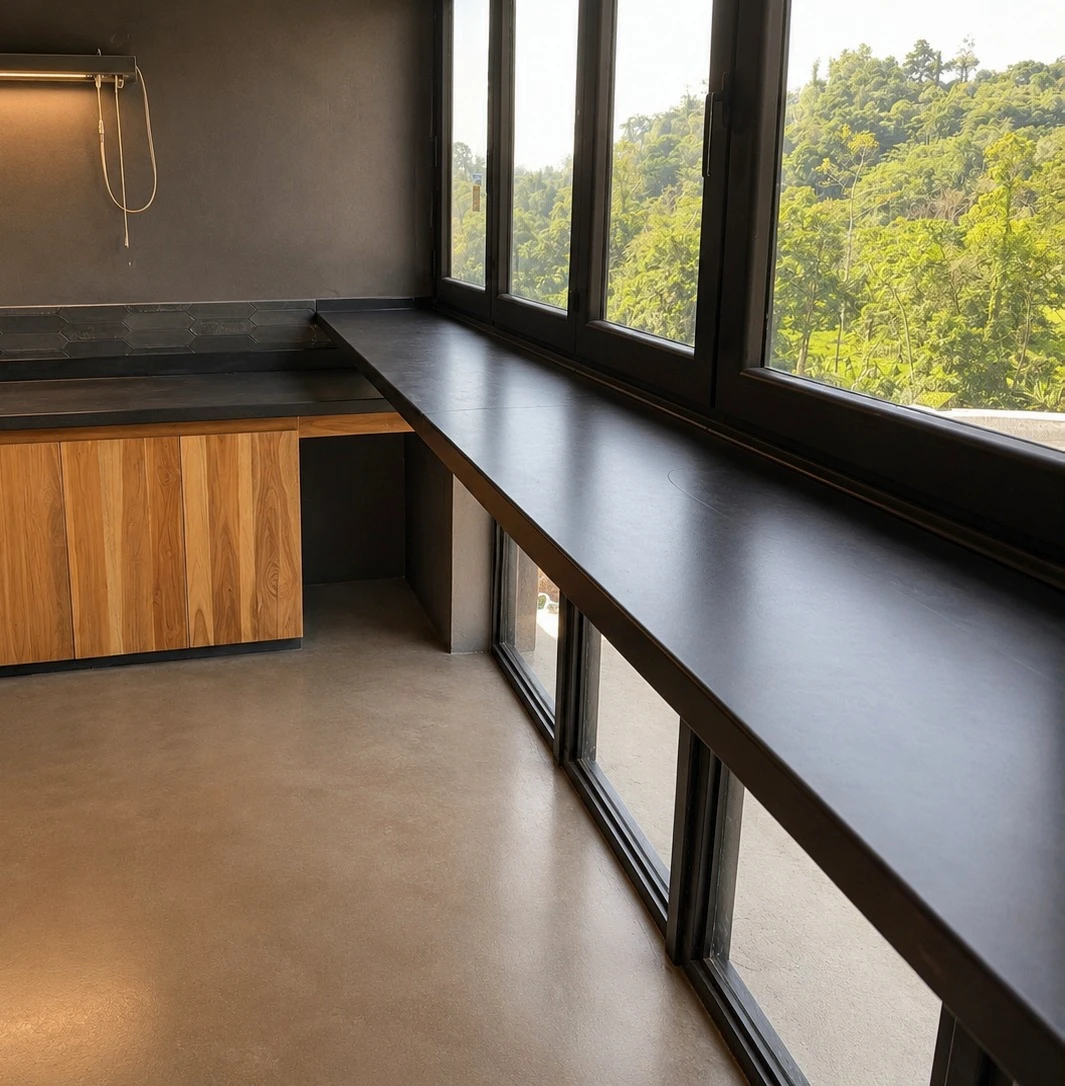 Sobre corrido de concreto negro que recorre un ventanal con vista a la montaña, con mueble bajo de madera clara